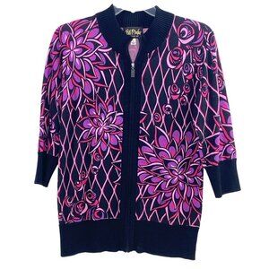 Bob Mackie Wearable Art Floral Cardigan Sweater Sz S Rayon Nylon Zip Black Pink